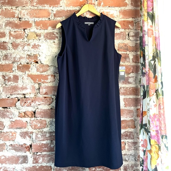 Sharagano Dresses & Skirts - Sharagano Navy Ruffle Split Neck Sleeveless Sheath Dress NWT